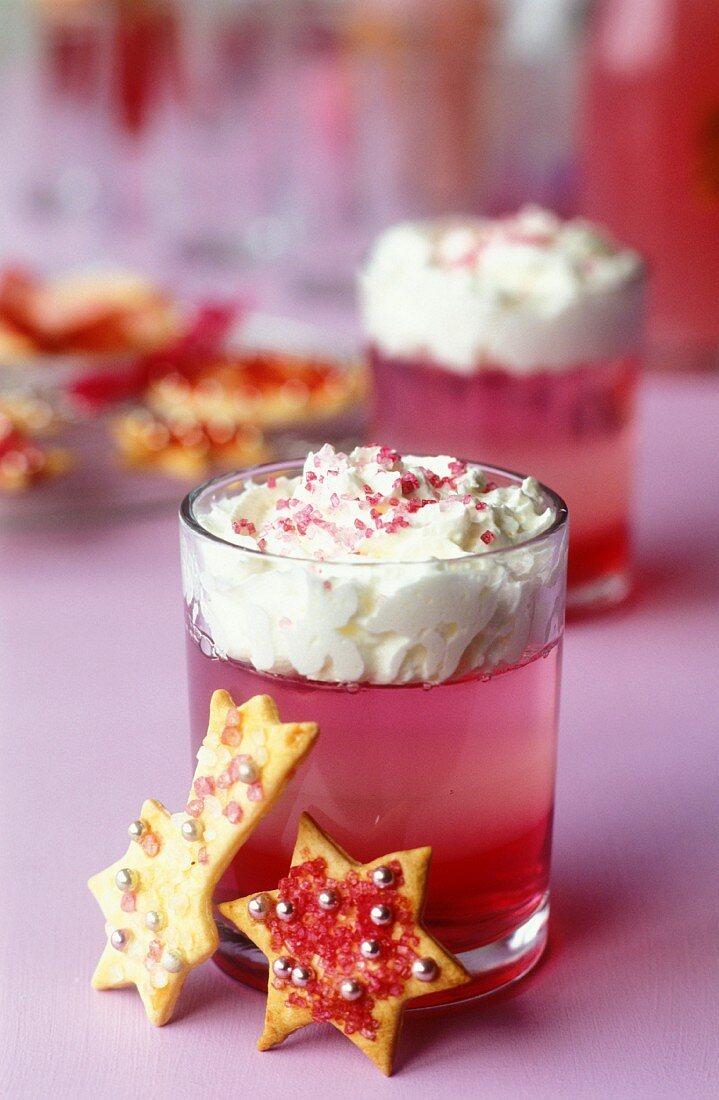 cotton candy syrup jelly with whipped cream and cookies