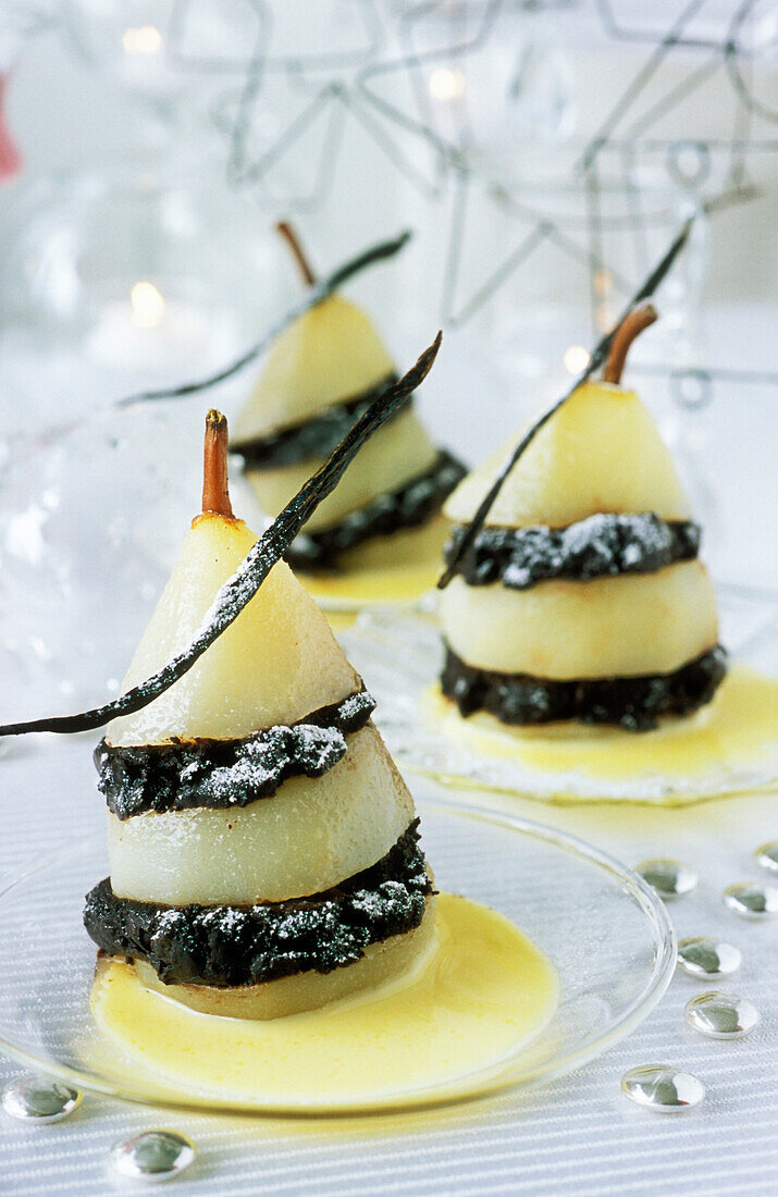 Chocolate and vanilla poached pears