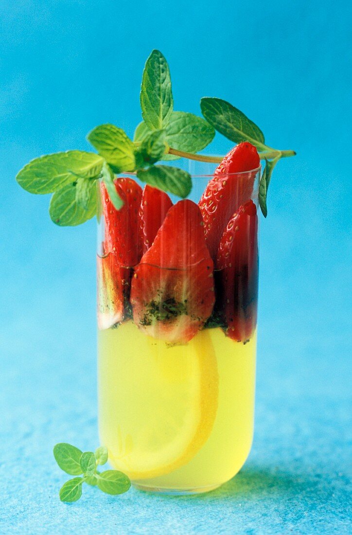 Strawberries in lemon and mint jelly