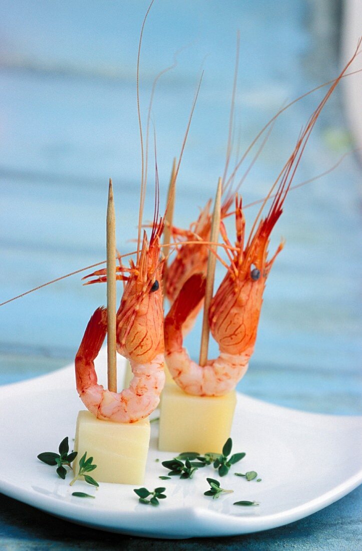 Mini comté shrimp skewers