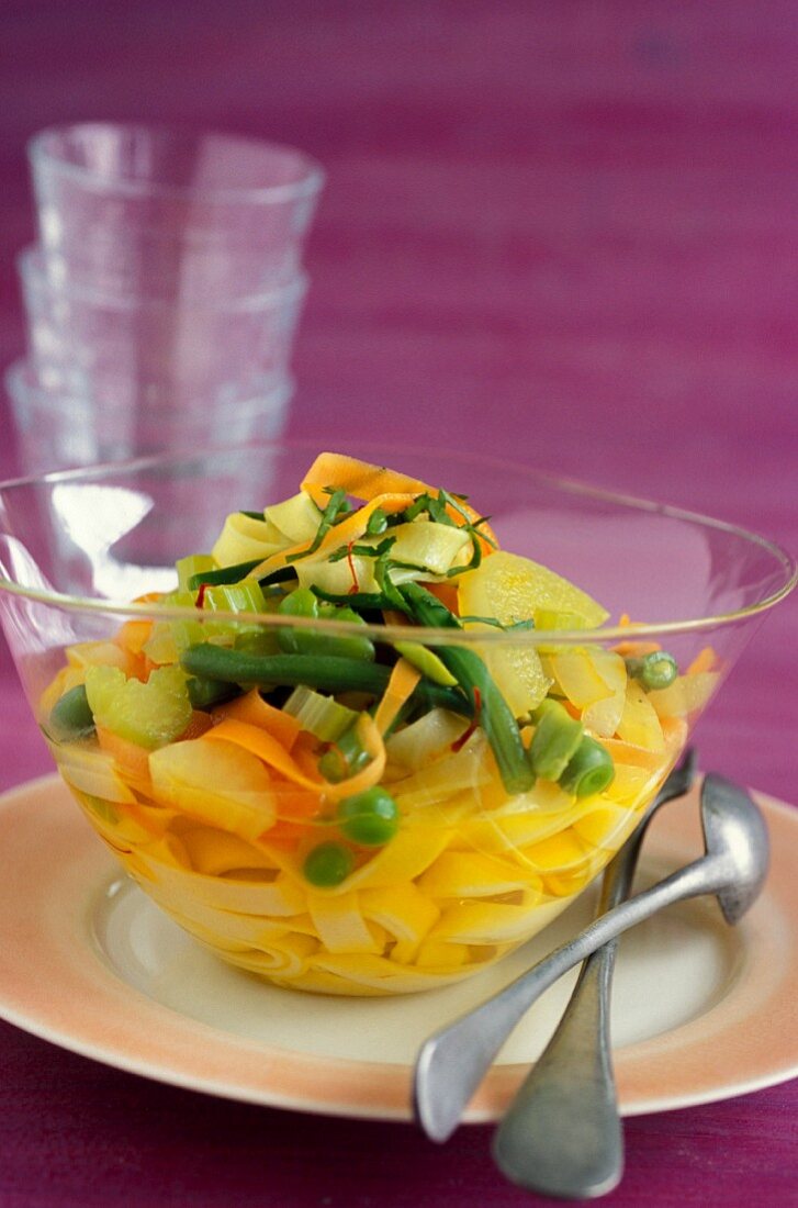 Tagliatelles with spring vegetables,pineapple and saffron