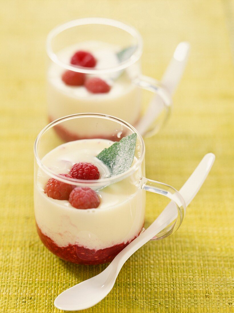 White chocolate jelly with raspberries and basil