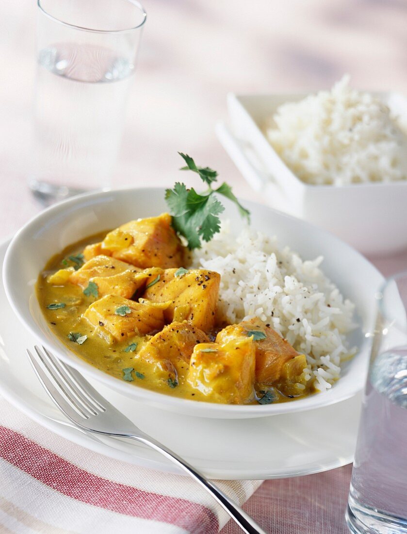 Salmon and onion curry with rice