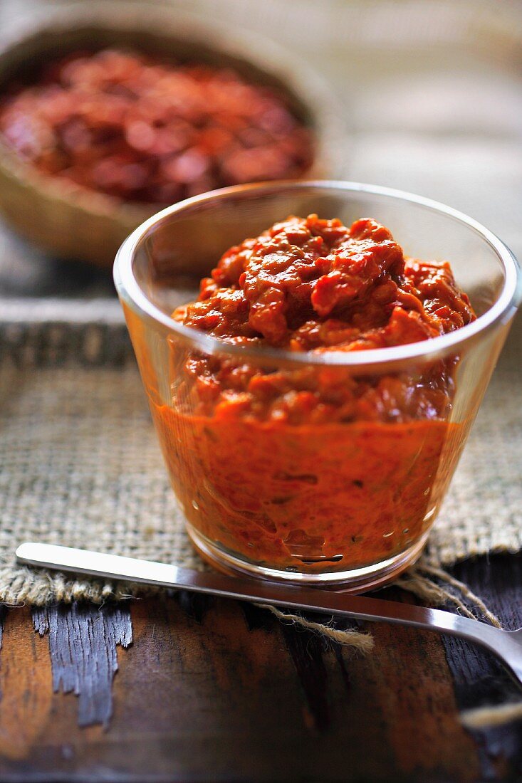 Bosnian-style aubergine caviar with red pepper purée