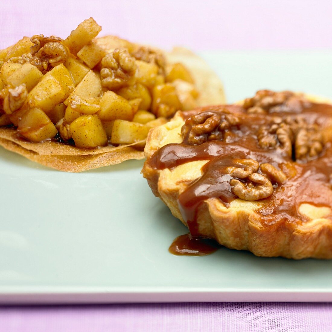 Walnut and toffee tartlet and diced apple filo pastry tartlet
