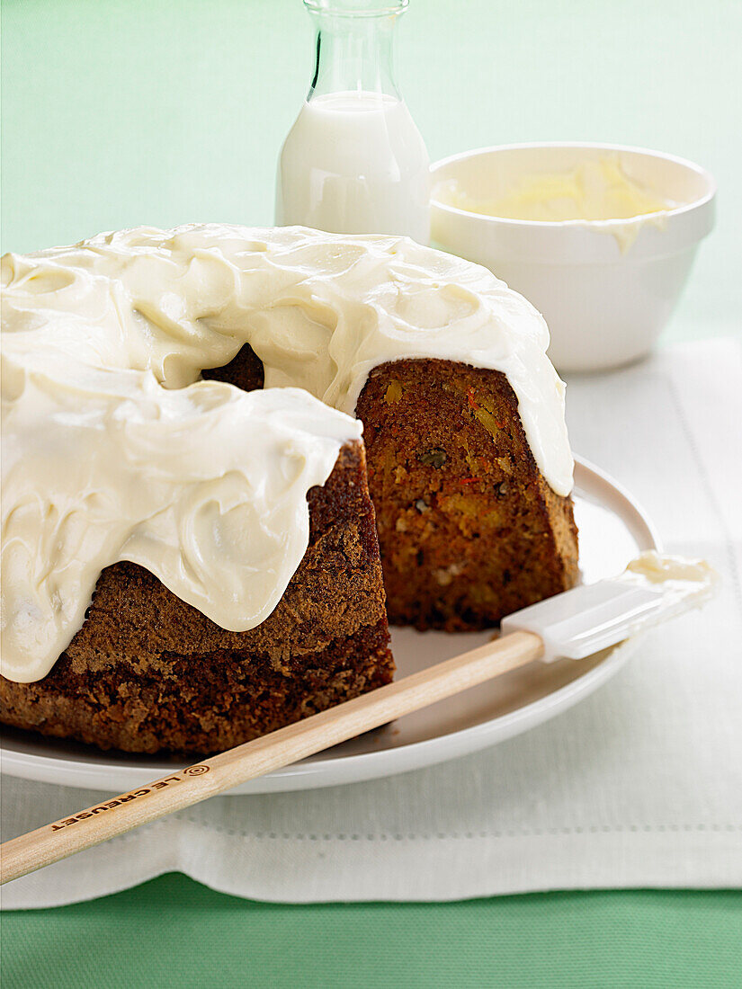 Confit fruit pudding coated with cream