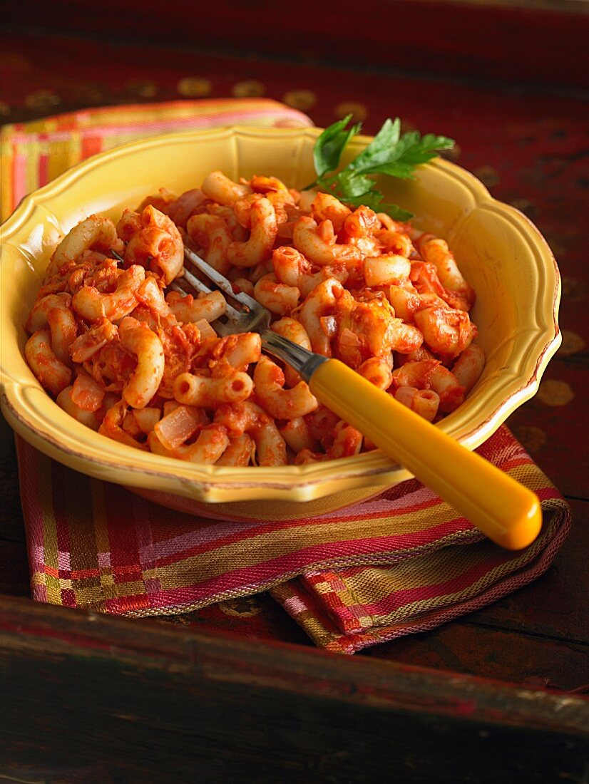Elbow macaroni with tomato sauce and onions