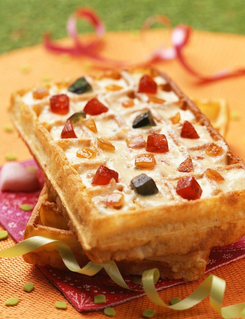 Waffle with cream and candied fruit