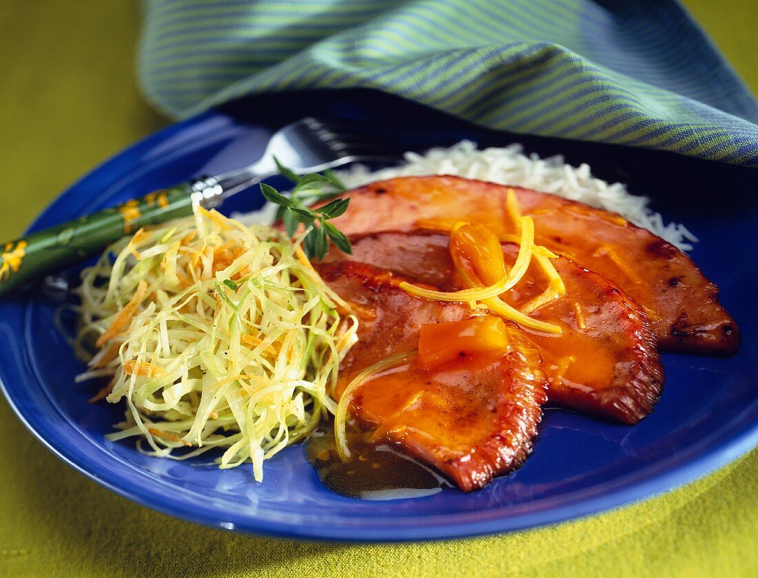 Roast honey-glazed ham with julienned vegetables
