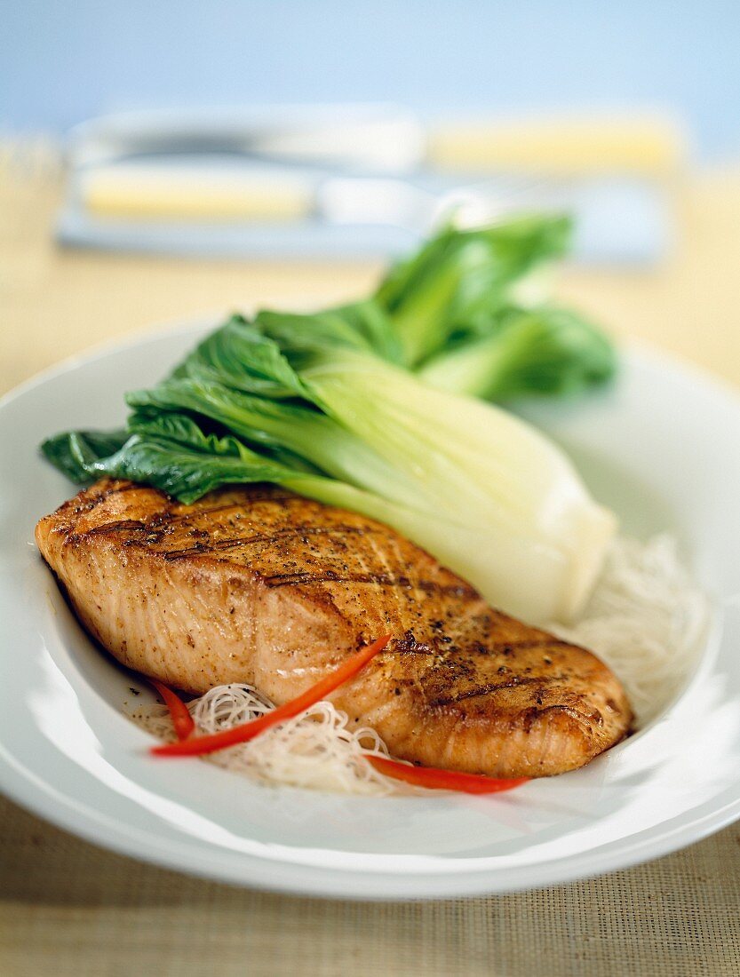 Grilled salmon steak with bok choy