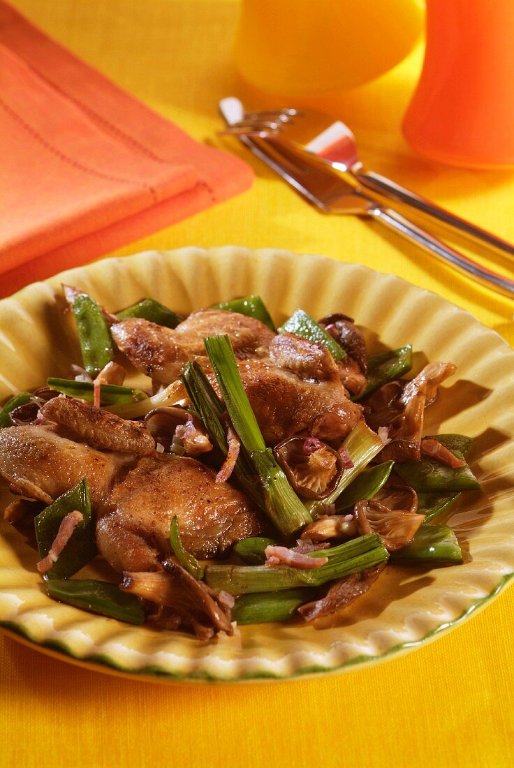 Fried quail with green bamboo