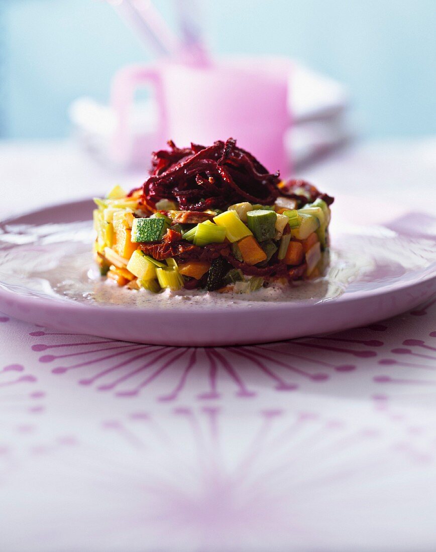 A summer vegetable timbale