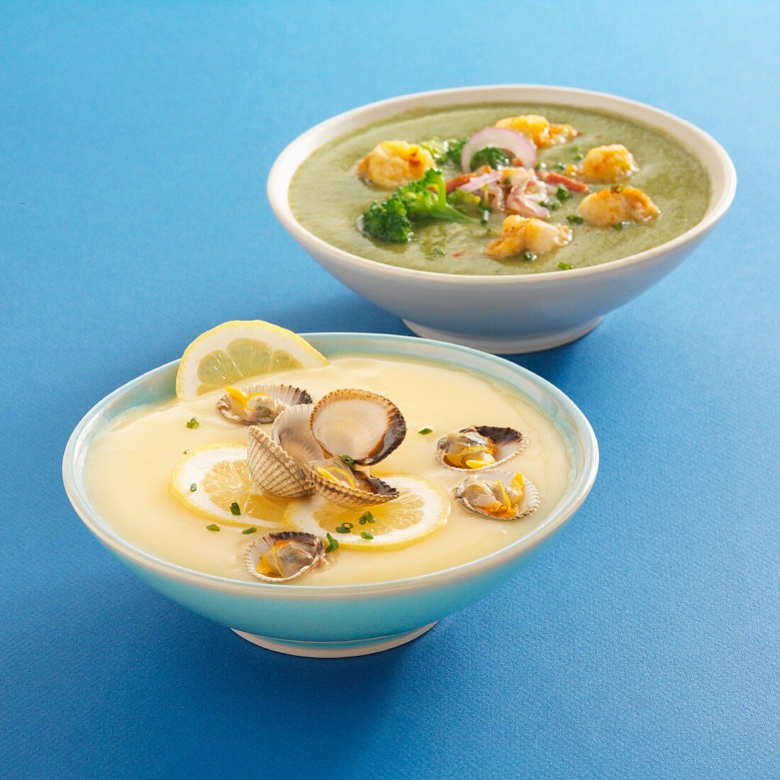 Velvety broccoli soup with razor clams and velvety lemon soup with clams