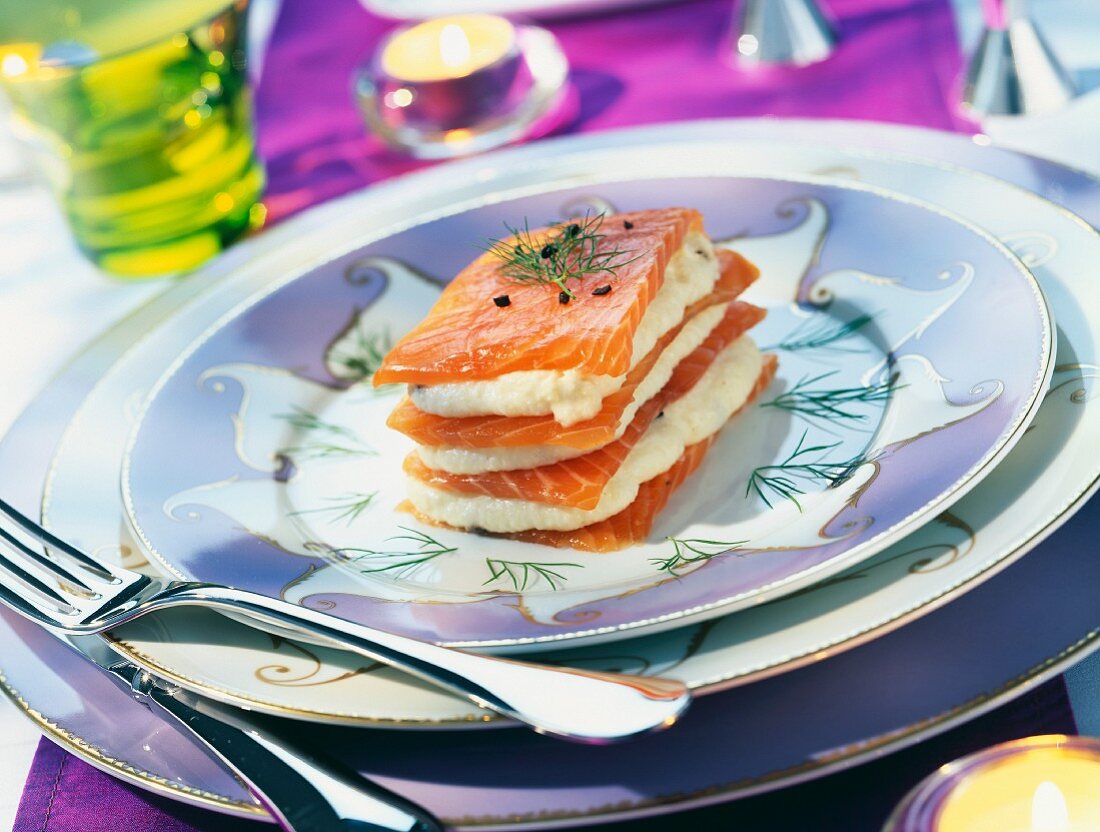 Layers of smoked salmon and celeriac mousse