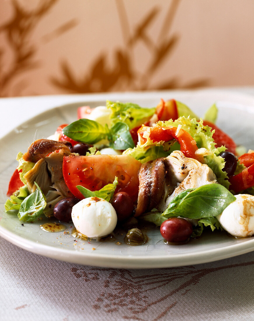 Salat mit Tomate, Mozzarella, Oliven, Kapern, Sardellen und Artischocken