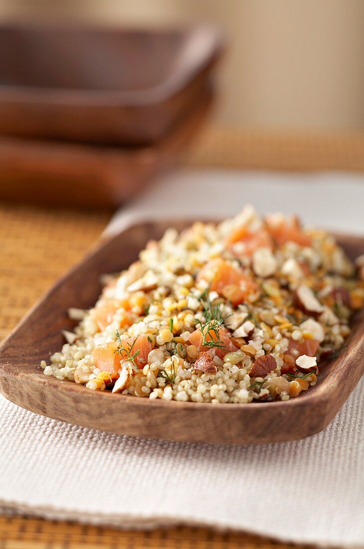 Quinoa tabbouleh with salmon and hazelnuts