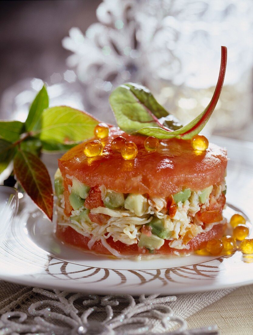 Crab,avocado and tomato timbale