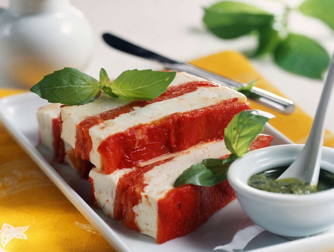 Red pepper and feta terrine with pistou