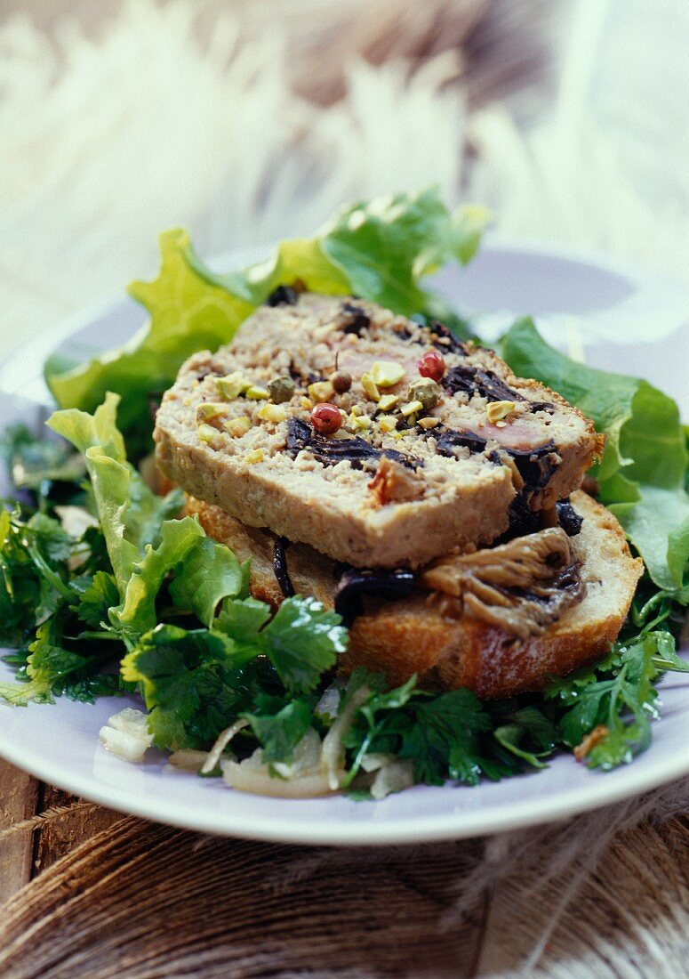 Ostich, mushroom and pistachio terrine