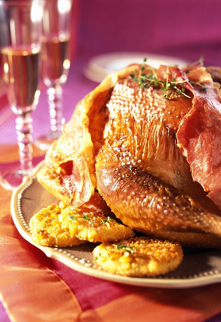 Roast turkey with Bayonne ham and corn galettes