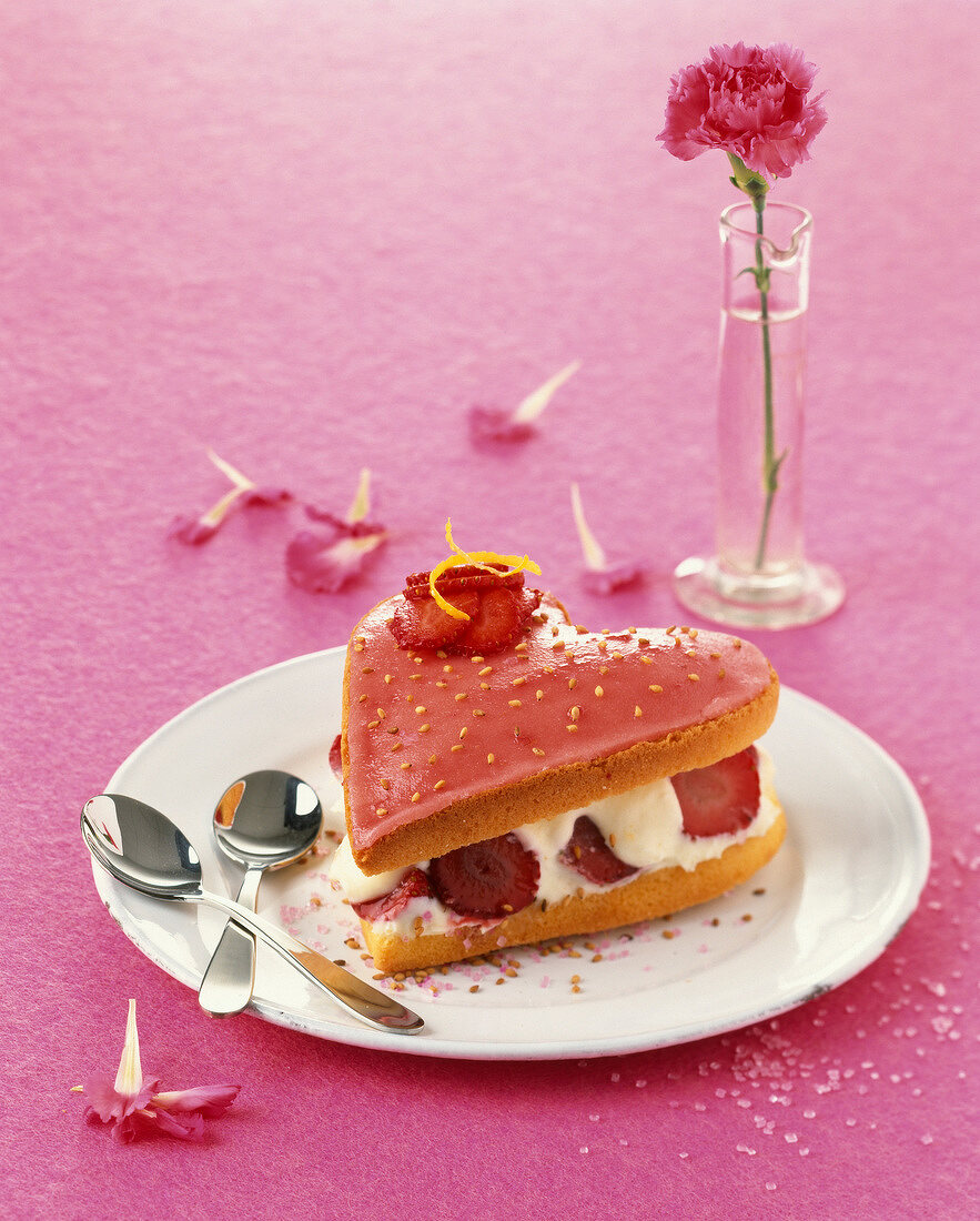 Strawberry and sesame seed heart-shaped dessert