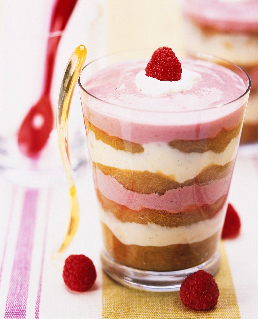 A layered dessert with rhubarb, raspberry mousse and vanilla cream in a glass