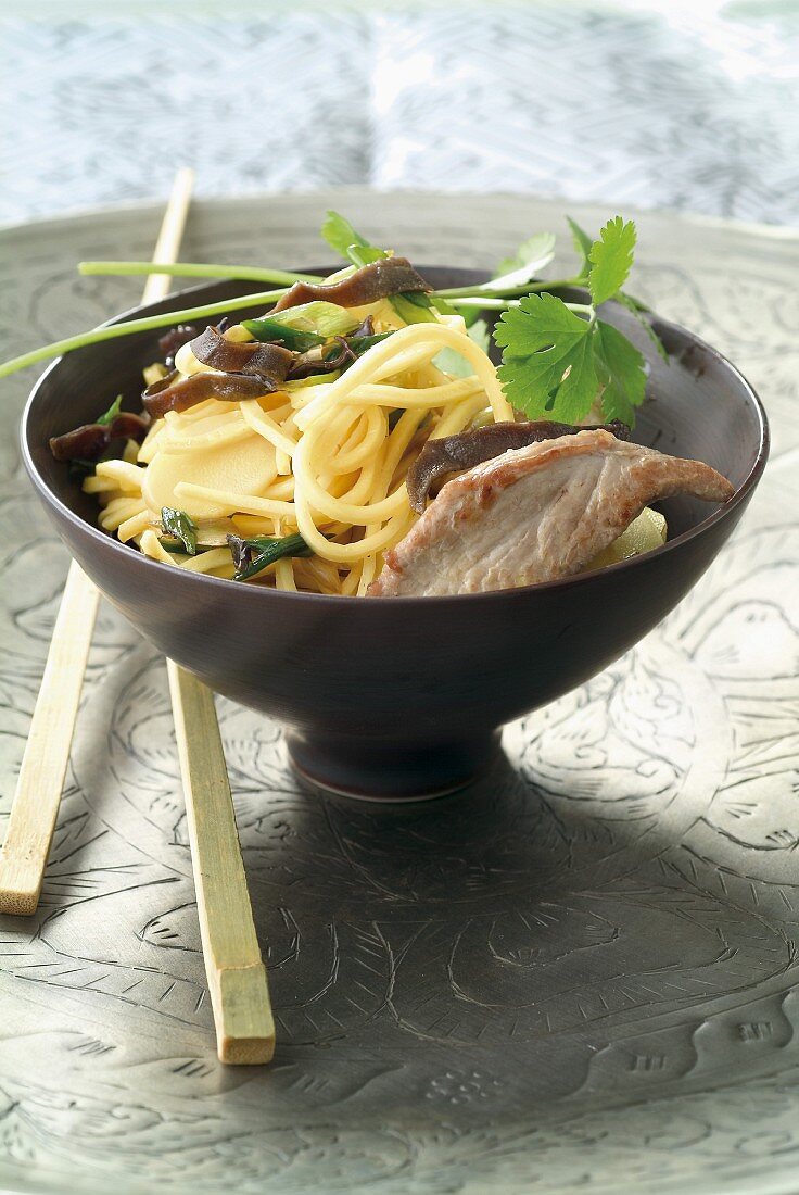 Noodles with duck and bamboo shoots