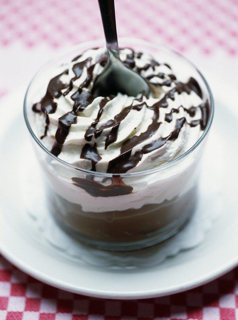 Mont-Blanc cream dessert with melted dark chocolate