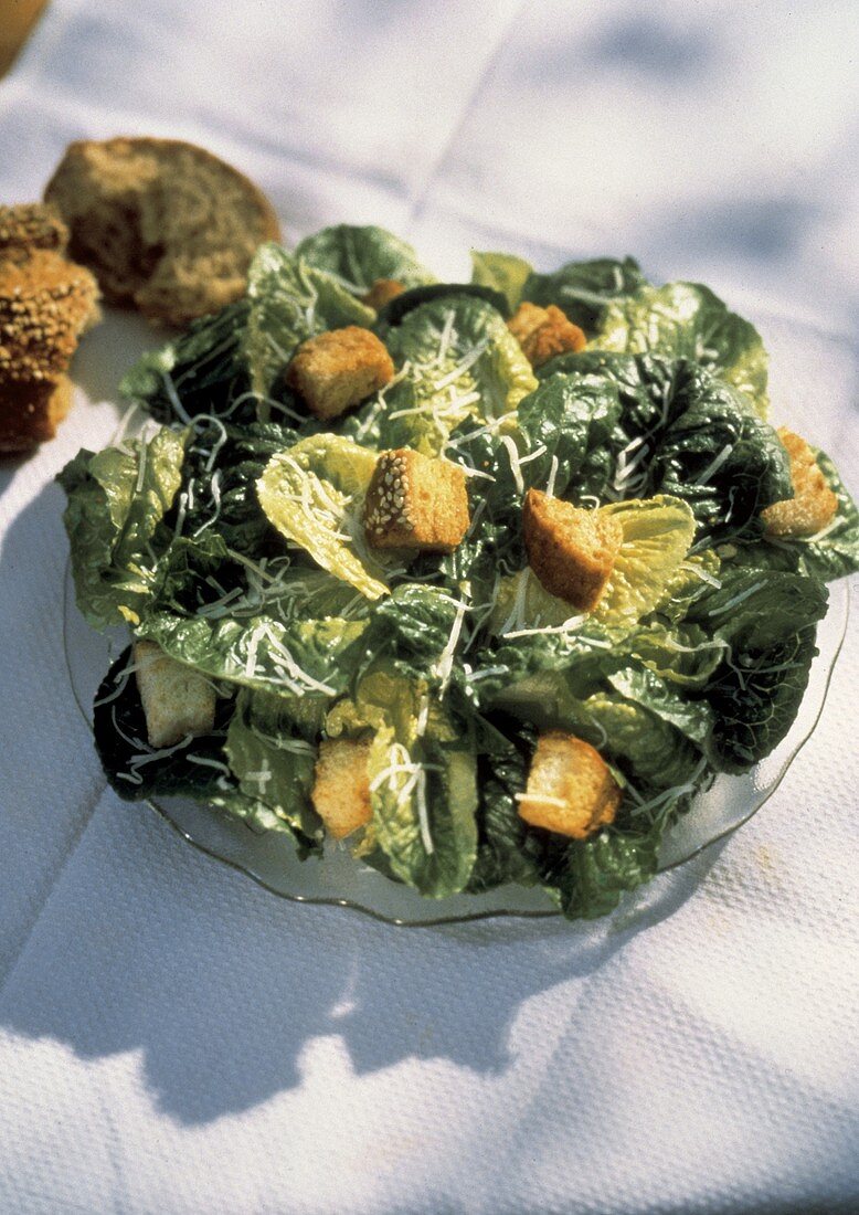 Caesar Salad on a Glass Plate; Roll