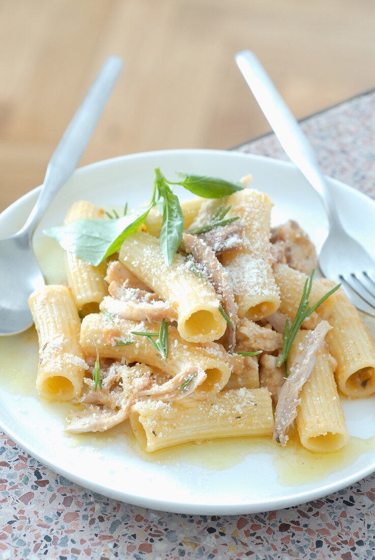 Rigatonis with rabbit,rosemary and parmesan