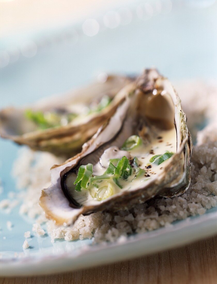 Warm oysters with chive sauce