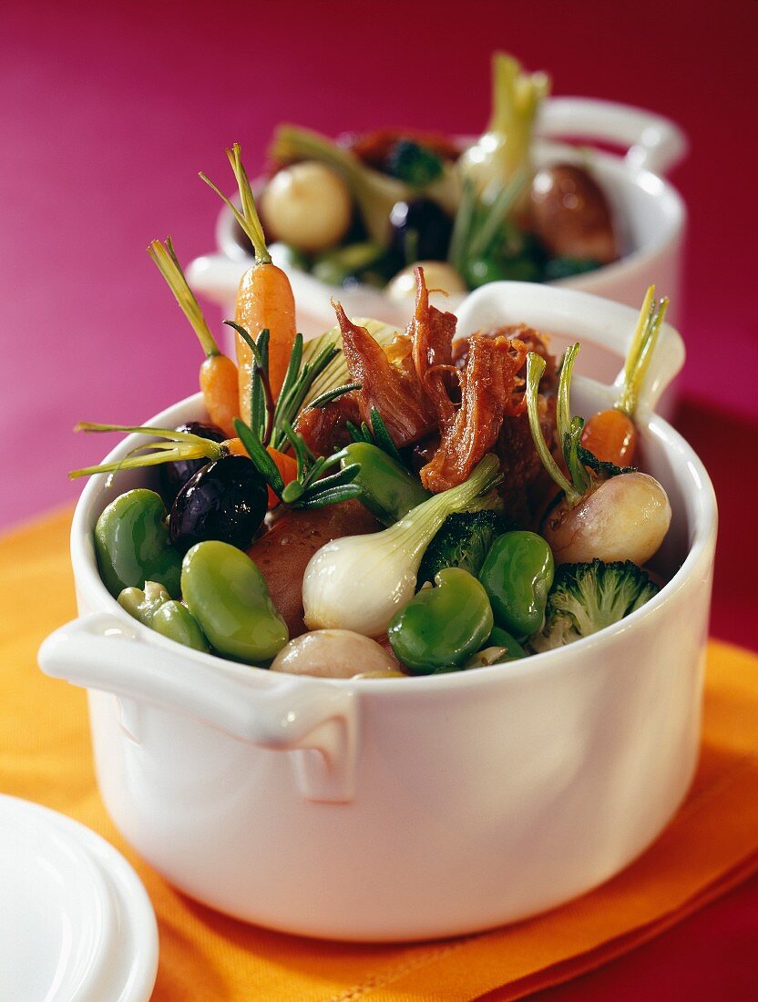 Spring vegetable and duck confit casserole