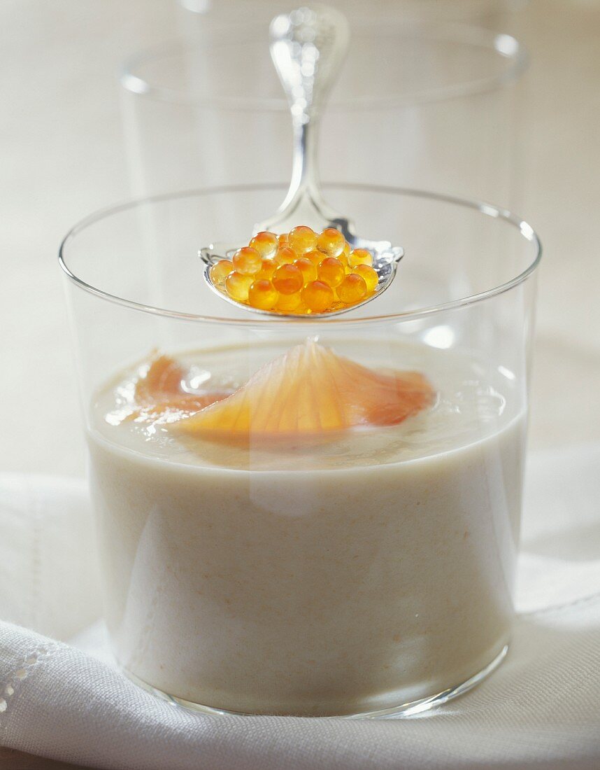 Cream of chicory and smoked trout soup