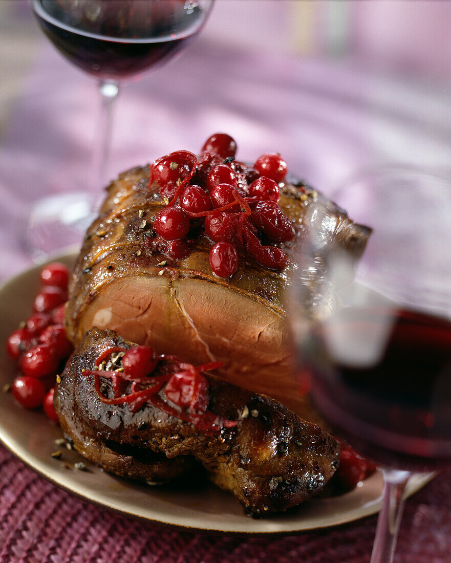 Roasted venison with cranberry sauce