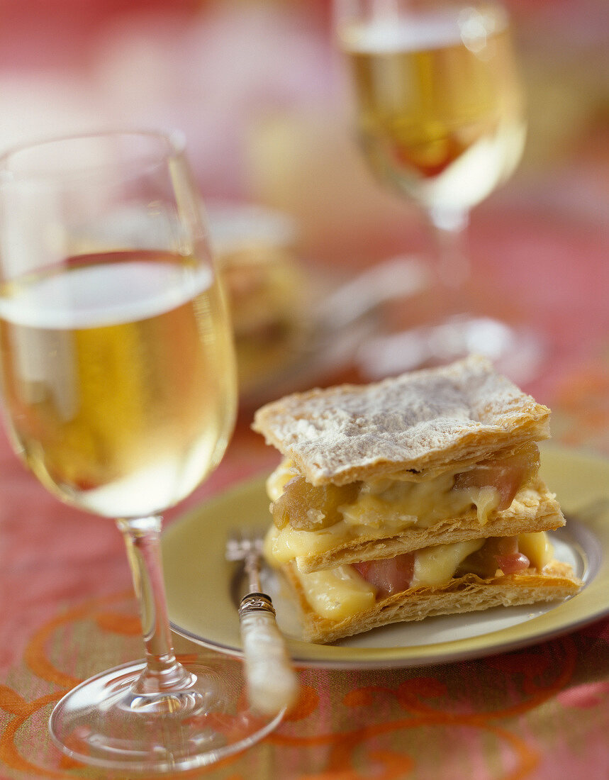Stewed rhubarb and vanilla confectionners custard Mille-feuille