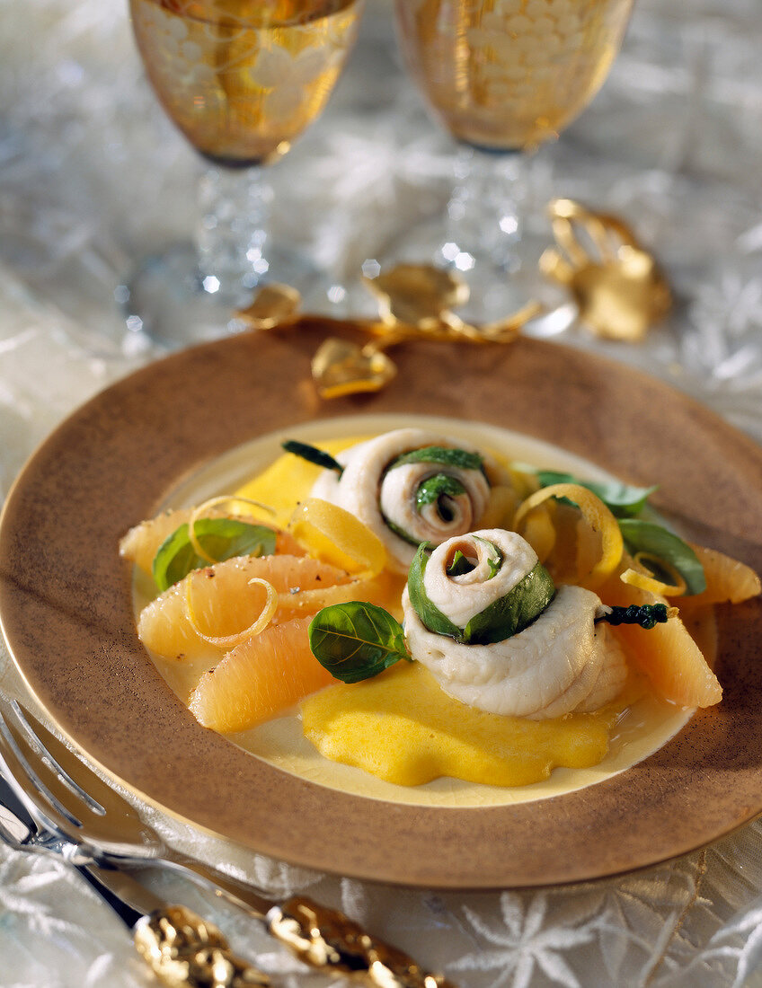 Rolled sole fillets with citrus fruit