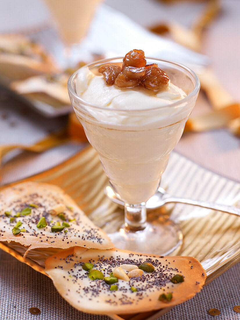 Fromage blanc mousse with chestnuts,poppyseed and dried fruit tuile biscuits