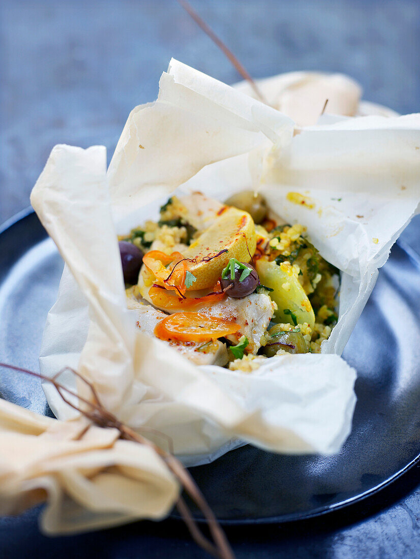 Fish,lemon,olive and vegetables cooked in wax paper