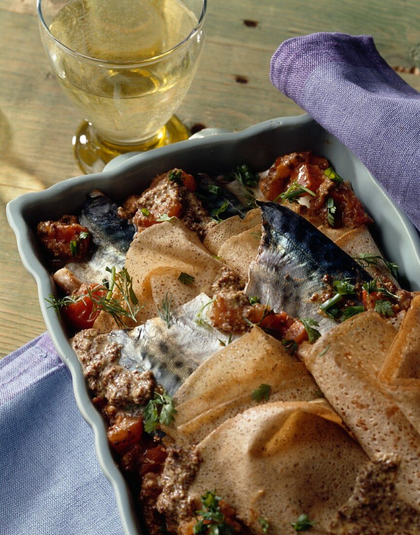 Buckwheat crepe and mackerel bake