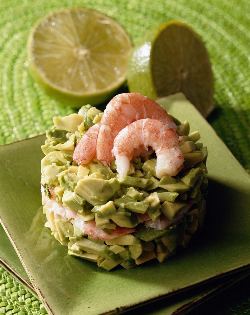 Timbale with avocado salad and prawns