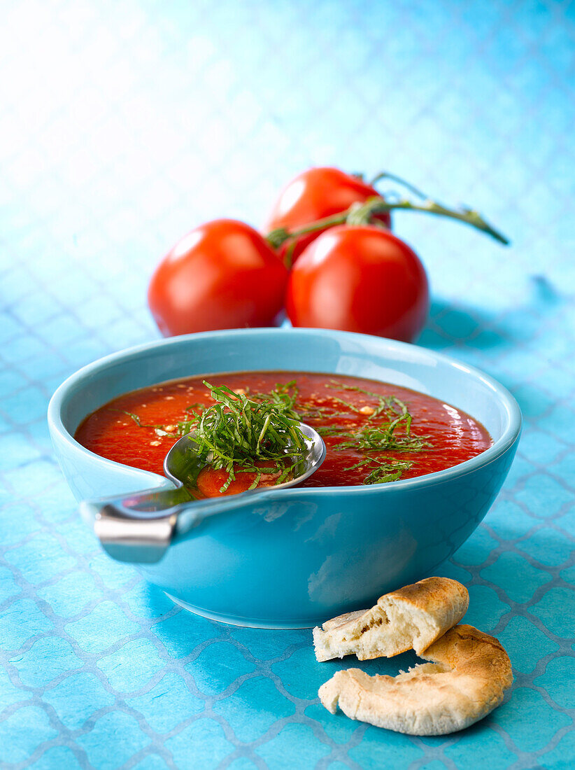 Cold tomato soup with mint and ginger