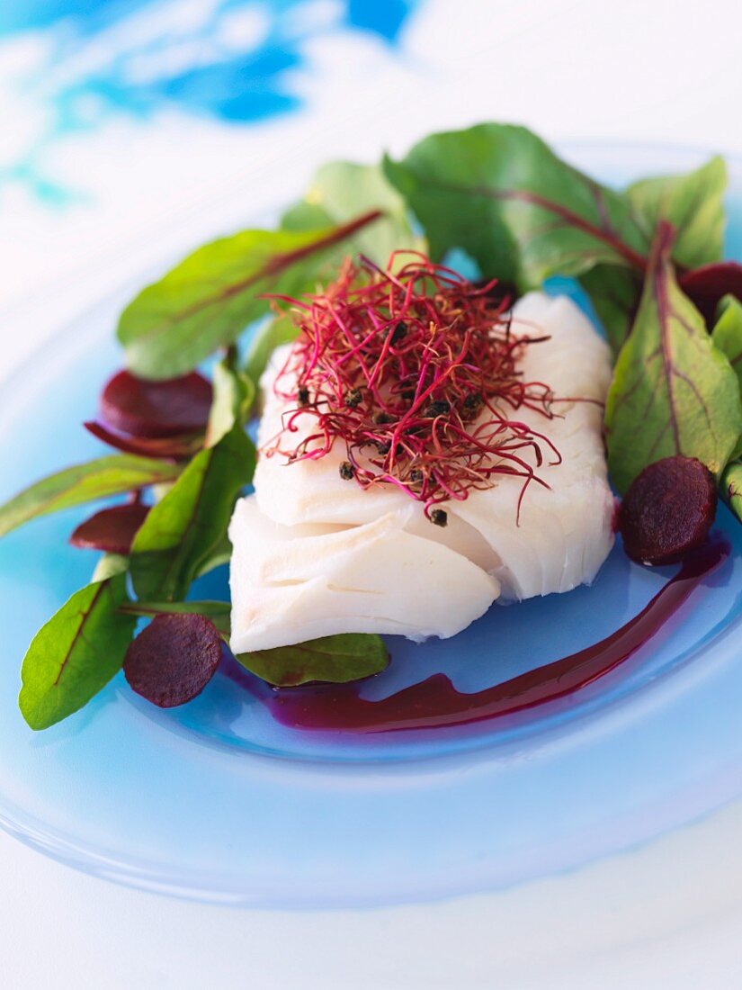 Kabeljau-Rückenfilet mit Rote-Bete-Sprossen