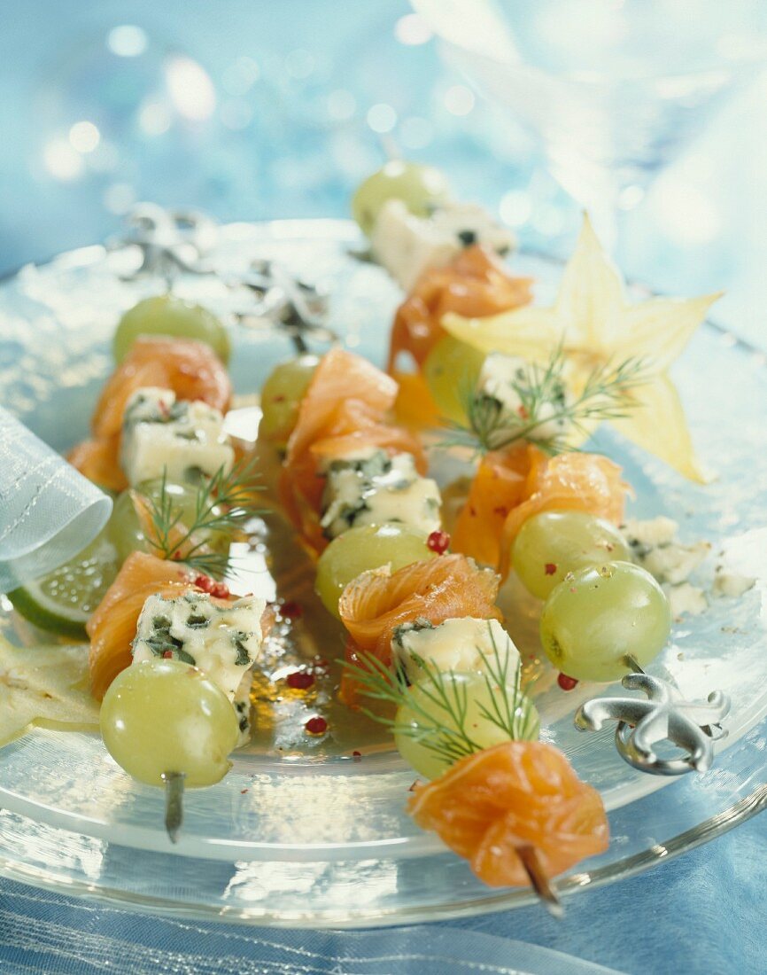 Smoked salmon,grape and Roquefort skewers
