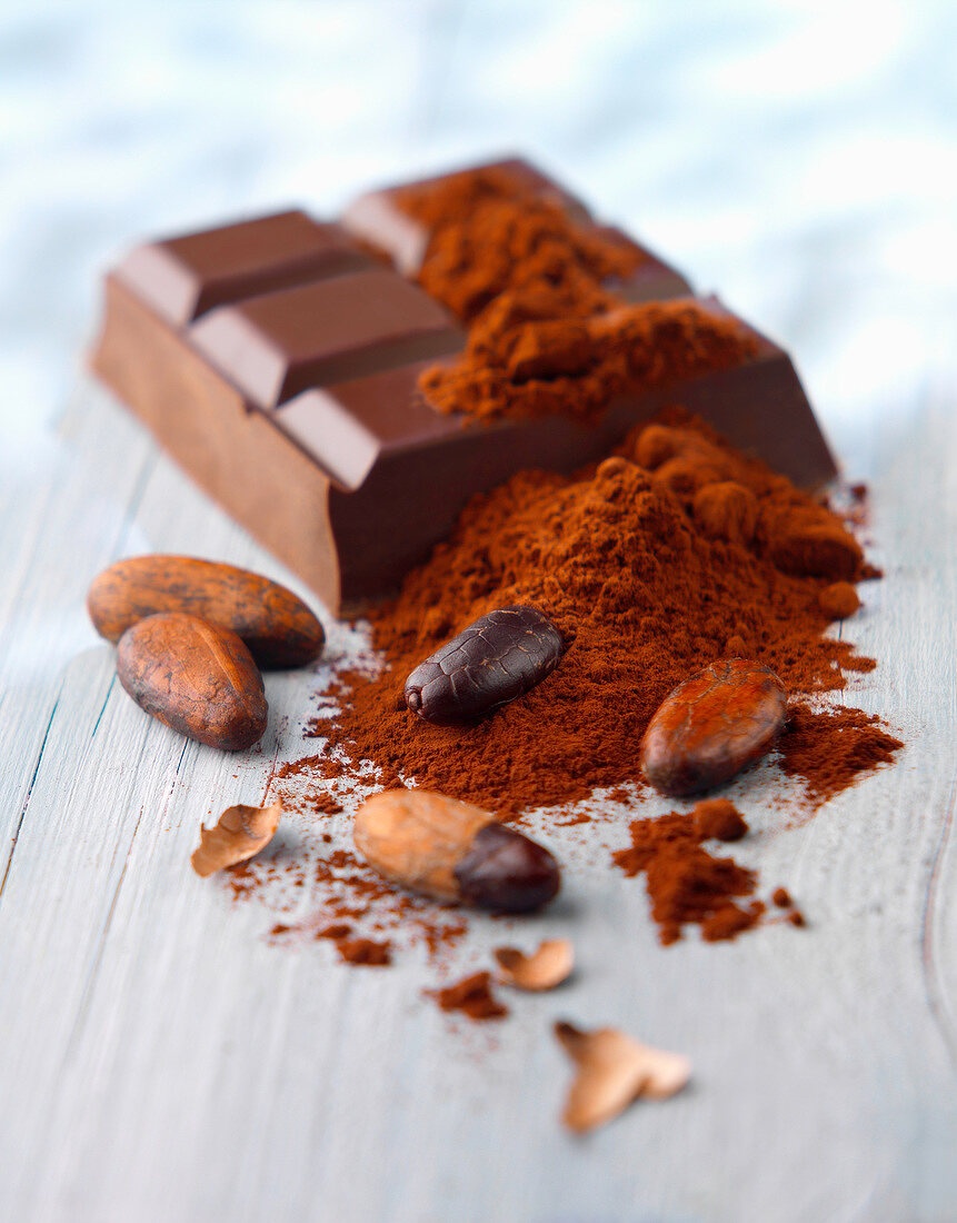 Stillleben mit Kakaobohnen, Kakaopulver und Schokoladentafel