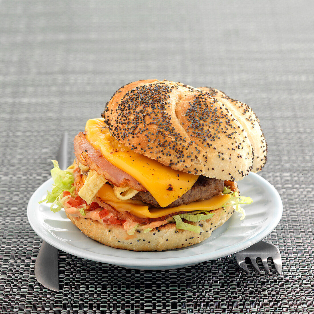 Hamburger with cheese and ham