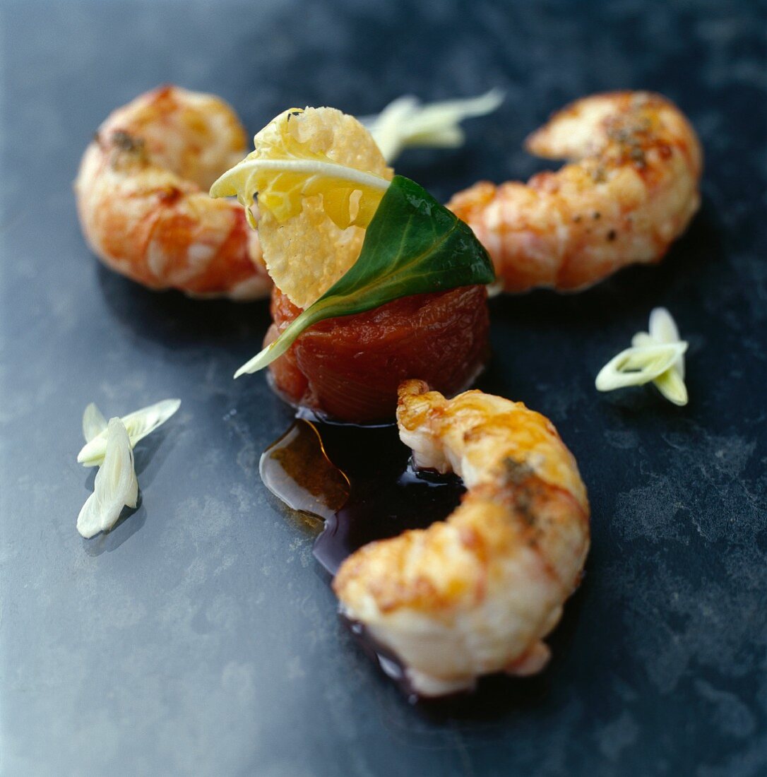Fried langoustines and tomato timbale