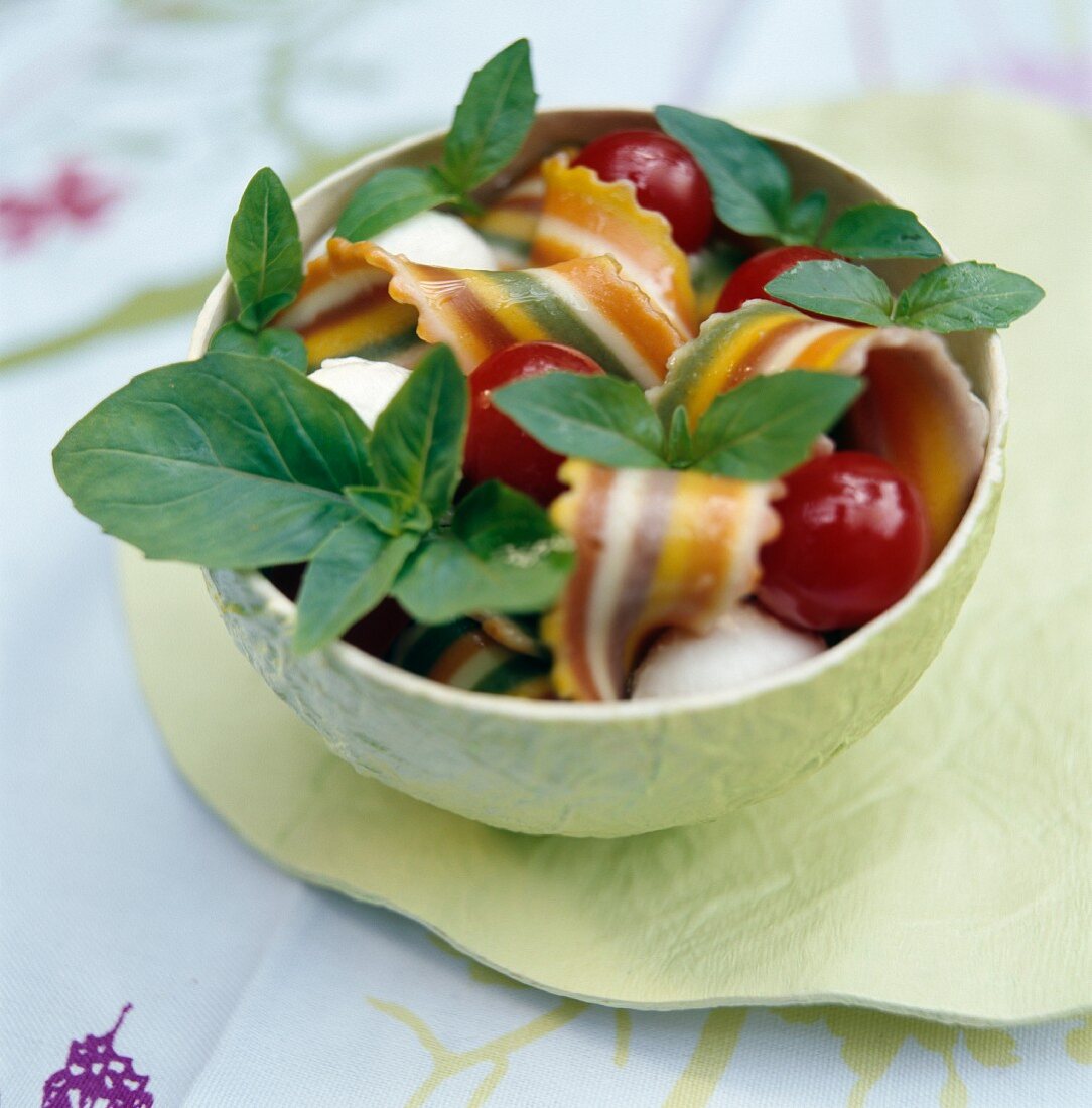 Colourful lasagnelle pasta with cherry tomatoes and basil