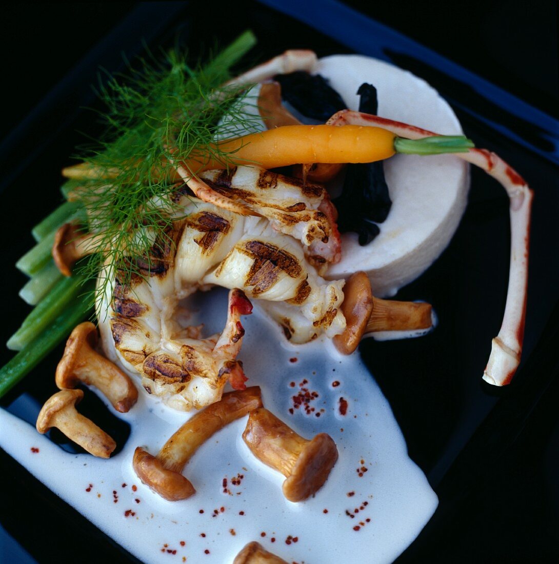Grilled langoustines with mushrooms and young vegetables