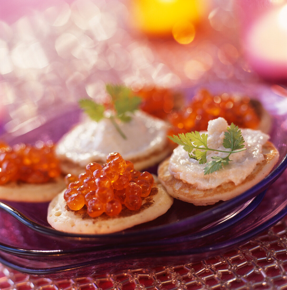 Blinis with salmon roe and fish paté