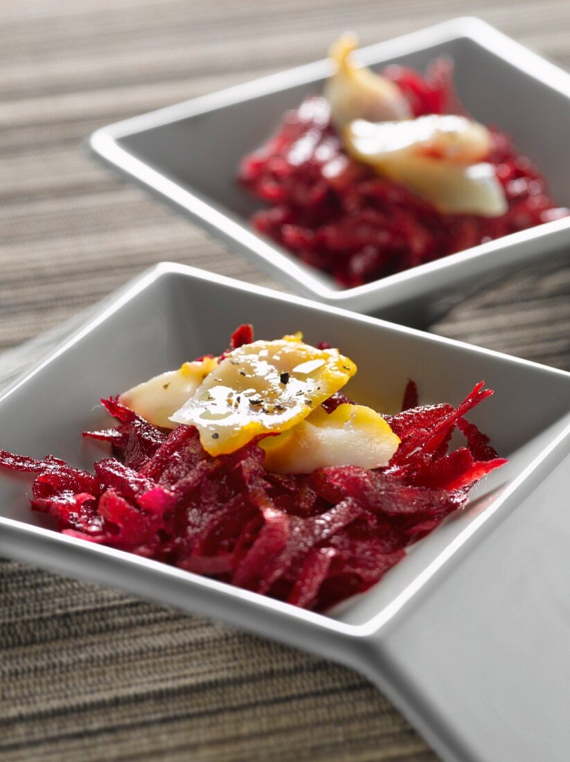 Raw beetroot remoulade with raw haddock